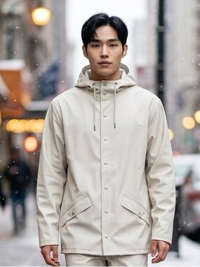 NWT RAINS Unisex Long Rain Jacket Color Cement Tan Raincoat - Size Large